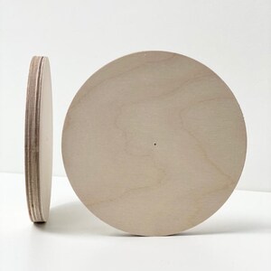May include: Two round wooden discs, one standing upright and the other lying flat. Both discs are made of light-colored wood and have a smooth surface.