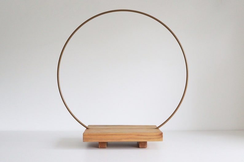 The Floral Hoop Stand Floral Cake Stand Oak Wood Cake Display Cake Stand Hoop Stand Satin Gold Woodgrain Stand image 3