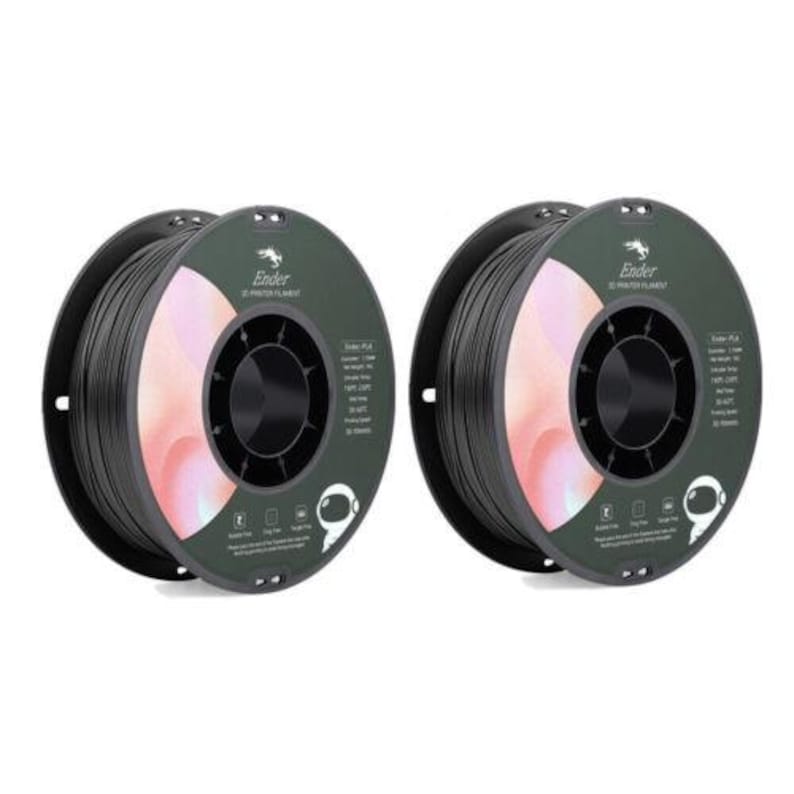 May include: Two spools of black 3D printer filament, each with a label that says "Ender 3D Printer Filament".