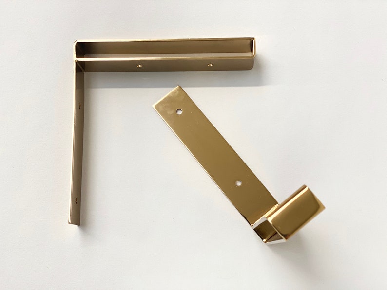 Set of two modern metal shelf brackets, wall brackets industrial shelf brackets shelving brackets black and gold shelf brackets image 9