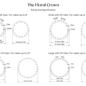 May include: Diagram showing four sizes of cake decorating floral crowns with different numbers of vials. The sizes are X-Small with 16 vials for cakes up to 8 inches, Small with 20 vials for cakes up to 12 inches, Medium with 24 vials for cakes up to 14 inches, and Large with 24 vials for cakes up to 16 inches.