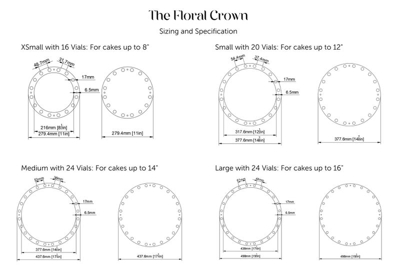 May include: Diagram showing four sizes of cake decorating floral crowns with different numbers of vials. The sizes are X-Small with 16 vials for cakes up to 8 inches, Small with 20 vials for cakes up to 12 inches, Medium with 24 vials for cakes up to 14 inches, and Large with 24 vials for cakes up to 16 inches.