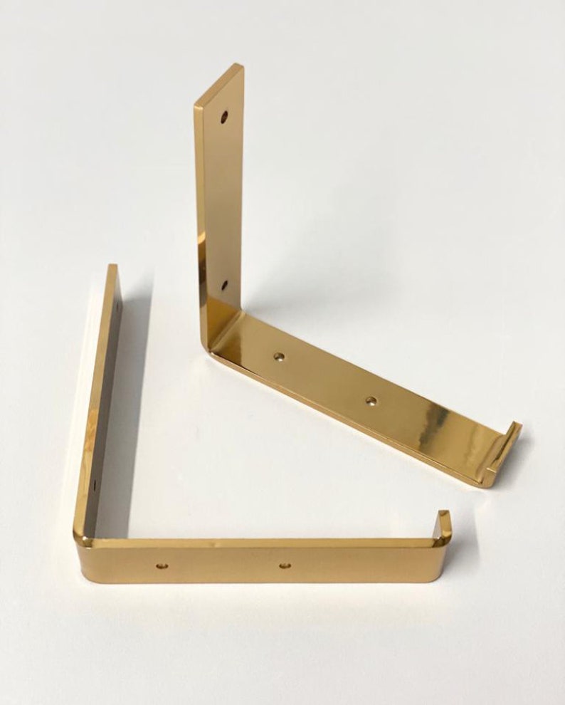 Set of two modern metal shelf brackets, wall brackets industrial shelf brackets shelving brackets black and gold shelf brackets image 5