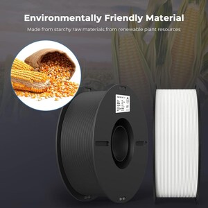 May include: Two spools of filament for 3D printing. One spool is black and the other is white. The spools are made from a plant-based material. The image includes the text "Environmentally Friendly Material" and "Made from starchy raw materials from renewable plant resources".