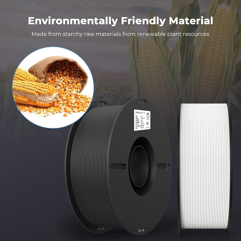 May include: Two spools of filament for 3D printing. One spool is black and the other is white. The spools are made from a plant-based material. The image includes the text "Environmentally Friendly Material" and "Made from starchy raw materials from renewable plant resources".