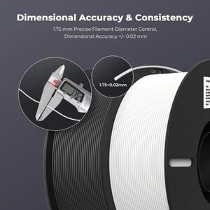 May include: Close-up of a white filament spool with a black plastic base. A caliper measures the filament diameter, showing a reading of 1.75 mm. The text "1.75+0.02mm" is visible on the spool.