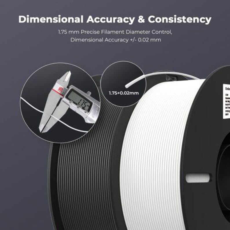 May include: Close-up of a white filament spool with a black plastic base. A caliper measures the filament diameter, showing a reading of 1.75 mm. The text "1.75+0.02mm" is visible on the spool.
