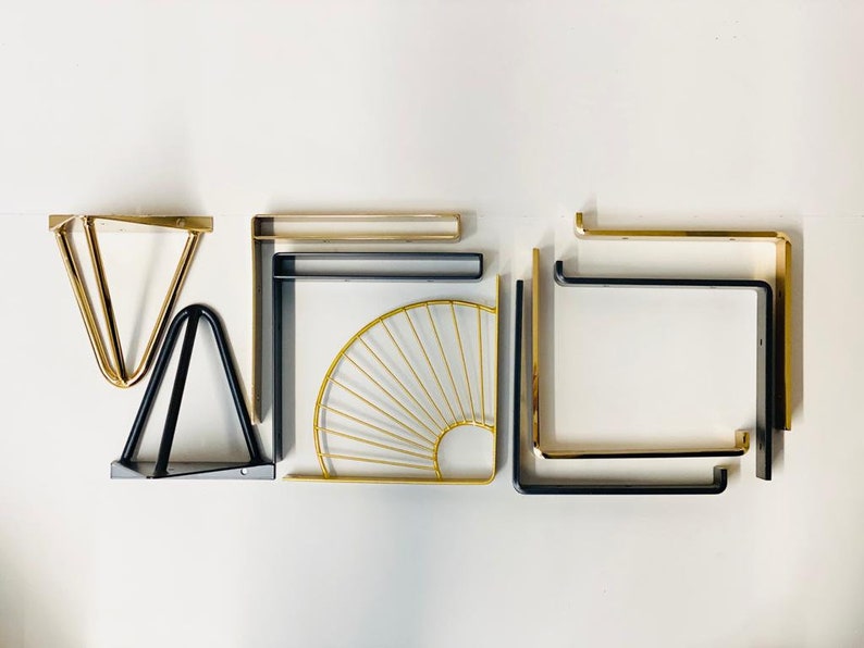 Set of two modern metal shelf brackets, wall brackets industrial shelf brackets shelving brackets black and gold shelf brackets image 1