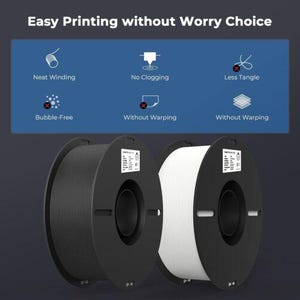 May include: Two spools of filament for 3D printing. One spool is black and the other is white. Both spools are on a black base with a label that says "Easy Print 3D Filament".