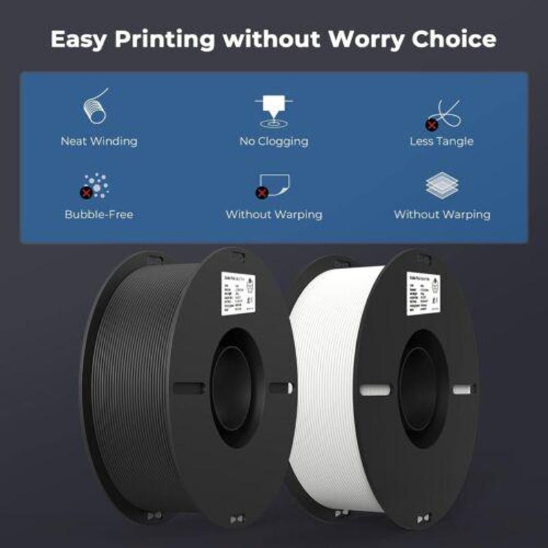May include: Two spools of filament for 3D printing. One spool is black and the other is white. Both spools are on a black base with a label that says "Easy Print 3D Filament".
