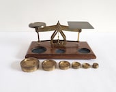 Antique Working Brass Scale, Vintage English Balance Scale with 6 Original Weights, Postal, Gold, Pharmacy Scale, Collectible Decor Piece