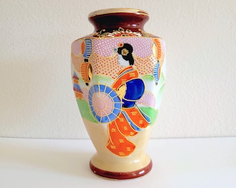 Vintage Japanese Ceramic Vase with Geisha Scene