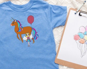 Einhorn-Geburtstags-Mädchen-Shirt: Regenbogen-Ballon-T-Shirt, personalisiertes Alter