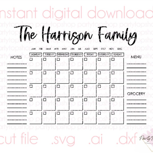 Family Calendar SVG DXF AI File, Custom Acrylic Family Planner Agenda Organizer ,Glowforge Cricut Engraved Vinyl Wood Cut File Download