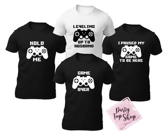 Grappige gamer vrijgezellenfeest videogame stalknecht T-shirts, game over getuige bruidegom hert tee shirt, shirt verloofde, leveling tot echtgenoot