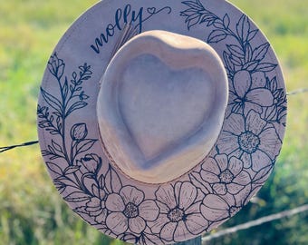 Custom Engraved Vegan Suede Fedora Hat | Personalized Cowgirl Heart Crown Gift Wide Brim Western Rancher Hat | Laser Floral Name Hat Women