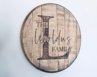 Engraved Whiskey Barrel Head, Oak Wine Barrel, Bourbon Wedding Guest Book Monogram, Family Wall Sign, Rustic Home Decor, Bar Distillery