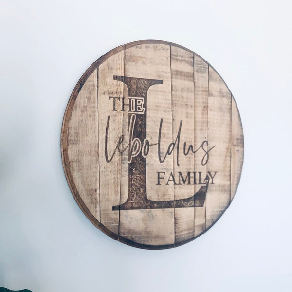 Engraved Whiskey Barrel Head, Oak Wine Barrel, Bourbon Wedding Guest Book Monogram, Family Wall Sign, Rustic Home Decor, Bar Distillery