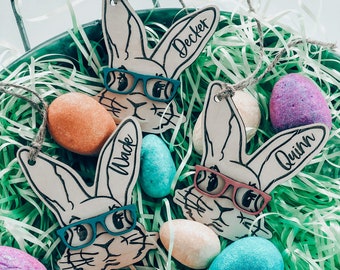 Kids Easter Bunny Basket Name Tag, Custom Personalized Glasses Rabbit Present Label, Spring Hipster Bunny Bucket Tag, Modern Easter Decor