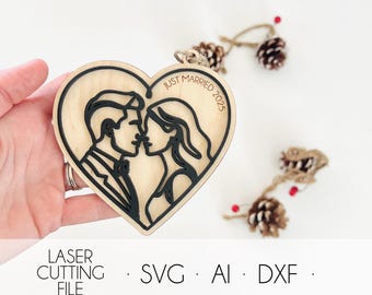2025 Newlywed Just Married Christmas Ornament SVG Laser Cutting File, Our First Christmas as Mrs & Mrs. Keepsake Download Engraving DXF