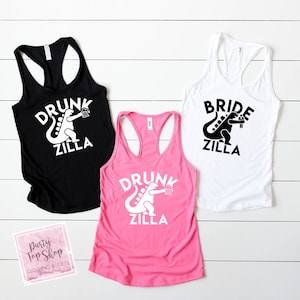 Custom Funny Bride Tank Top Wedding Shirt Bridezilla Bridesmaid Drunk Zilla Bachelorette Party Maid of Honor Godzilla Stagette Unisex Tees