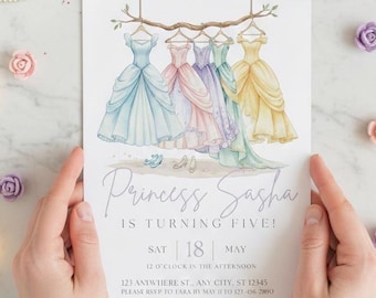 Princess Dress Birthday Invitation, Princess Royal Ball Gown Invite, Girl Fairytale Birthday Theme, Editable Canva Template, Digital 5x7