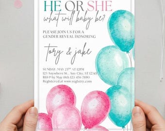 Gender Reveal Invitation, He or She What Will Baby Be Invite, Pink & Blue Balloon Baby Shower, Editable Canva Template, Digital 5x7 Invite
