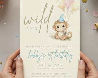 Wild One Birthday Invitation, Monkey First Birthday Invite, Jungle Safari Theme, Editable Canva Template, Gender Neutral Animal, Digital 5x7