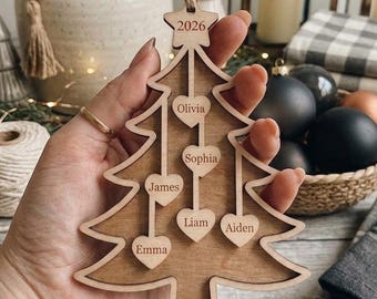2026 Family Tree Christmas Ornament SVG Laser Cut File | 2 Layer Wood Ornament File | Glowforge Lightburn DXF AI Vector Template 1-10 Names