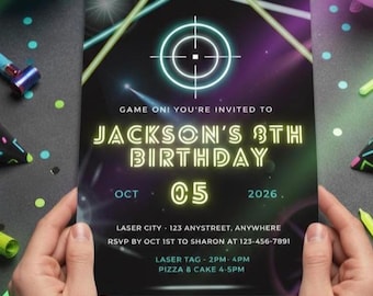 Laser Tag Birthday Invitation, Neon Glow Party Invite for Boys, Game On Arcade Template, Editable Canva 5x7 Digital Instant Download