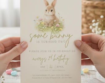 Some Bunny is Turning Invitation, Easter Birthday Bunny Invite, Spring Floral Editable Canva Template, Neutral Baby Bunny, Digital 5x7