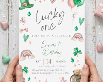 Lucky One Birthday Invitation, St Patrick's Day 1st Birthday, Clover Rainbow Invite, Editable Canva Template, Lucky One Girl, Digital 5x7