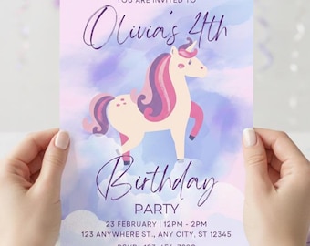 Unicorn Birthday Invitation, Magical Rainbow Invite, Pastel Unicorn Party, Editable Canva Template, 4th Birthday Girl, Digital 5x7 Invite