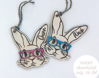 Plik laserowy z etykietą Easter Bunny, plik SVG DXF AI z etykietą Kids' Easter Basket, plik Glowforge Engraved Cut do pobrania, nowoczesny projekt grawerowania laserowego