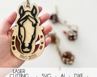 2025 paard lijntekening kerstornament SVG lasersnijden bestand, gepersonaliseerd portret paarden huisdier, download gravure LightBurn