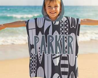 Custom Name Hooded Towel for Kids | Personalized Swim Poncho | Toddler Hooded Beach Towel | Childrens Bath Robe | Boys Surf Poncho Coverup