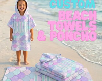 Personalized Kids Hooded Beach Towel Poncho | Custom Mermaid Scale Toddler Swim Cover Up | Personalized Swim Towel Robe Gift for Girls