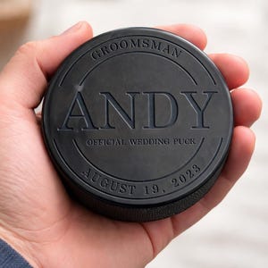 Personalized Hockey Puck Groomsman Gift, Custom Engraved Wedding Party Favor, Best Man Proposal, Usher Ring Bearer Hockey Groom Keepsake