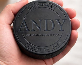 Personalized Hockey Puck Groomsman Gift, Custom Engraved Wedding Party Favor, Best Man Proposal, Usher Ring Bearer Hockey Groom Keepsake