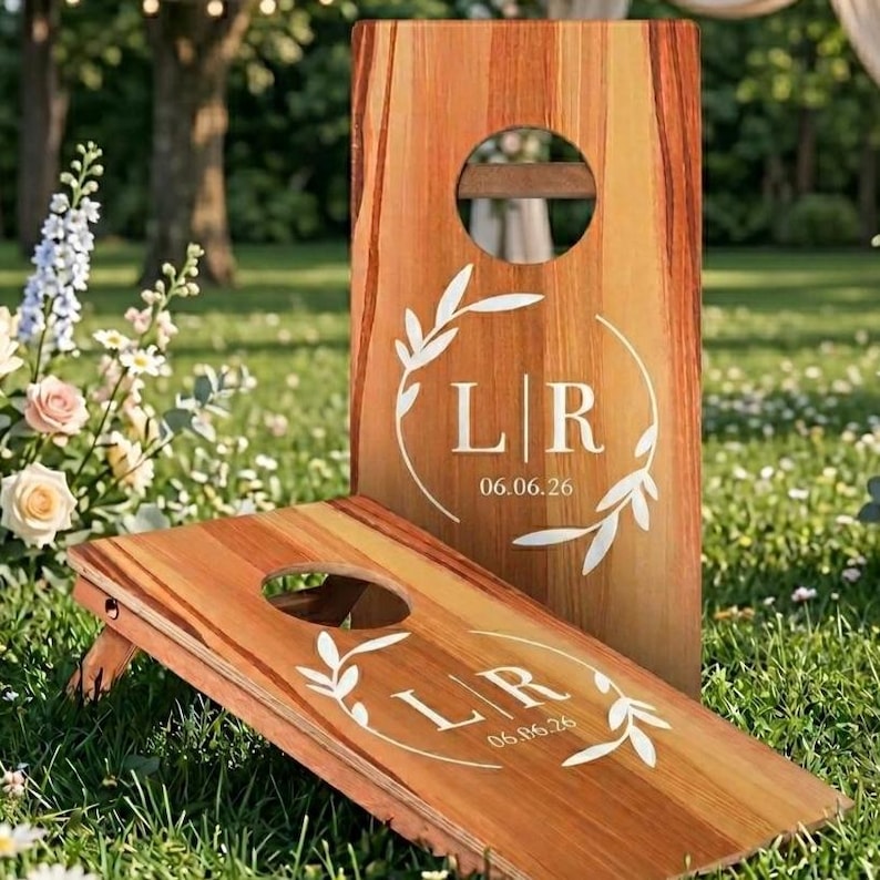 Puede incluir: Dos tableros de cornhole de madera con un acabado de vetas naturales. Cada tablero presenta un agujero circular y letras blancas que dicen "LR" con la fecha "06.06.26" dentro de una corona decorativa. Un tablero est&aacute; en posici&oacute;n vertical, el otro est&aacute; en &aacute;ngulo.