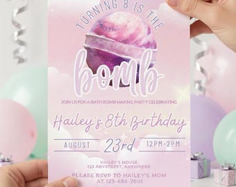 Bath Bomb Birthday Invitation, Spa Party Invite for Girls, Editable Canva Template, Pink Pastel, Instant Download, 5x7 Digital