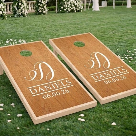 Custom Wedding Cornhole Decals - Personalized Monogram Vinyl for DIY Bean Bag Toss Game - Set of 2 Permanent Outdoor Decals