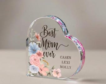 Personalized Mother's Day Heart Acrylic Block, Custom Best Mom Ever Gift with Kids Names, Floral Keepsake Decor for Nana, Grandma, & New Mom