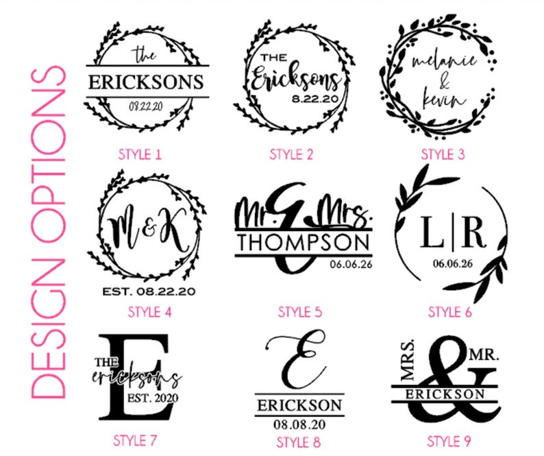 Puede incluir: Nueve opciones de dise&ntilde;o para art&iacute;culos personalizados, con varias fuentes y elementos de corona floral. El texto incluye nombres, iniciales y fechas. Los estilos van desde cl&aacute;sicos hasta modernos, adecuados para bodas o regalos familiares.