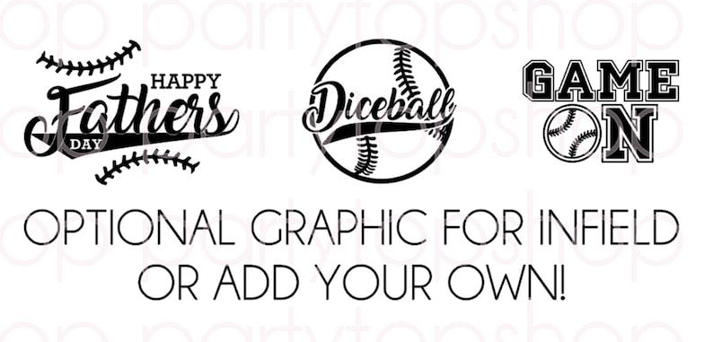 Może przedstawiać: Trzy czarno-białe grafiki z motywem baseballowym. Pierwsza grafika zawiera napis "Happy Father's Day" z wzorem szw&oacute;w baseballowych. Druga grafika zawiera napis "Diceball" z wzorem szw&oacute;w baseballowych. Trzecia grafika zawiera napis "GAME ON" z wzorem szw&oacute;w baseballowych.
