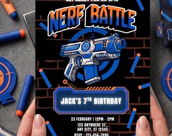 Editable Nerf Battle Birthday Invitation Template, Boy Laser Tag Invite, Digital Canva Bday Party Download, Blue Orange Dart Gun 5x7