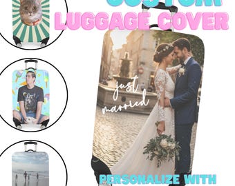 Custom Photo Luggage Cover - Personalized Gift - Honeymoon Suitcase Protector - Washable, Anti-Scratch Travel Gear - Checked Bags & Carryon