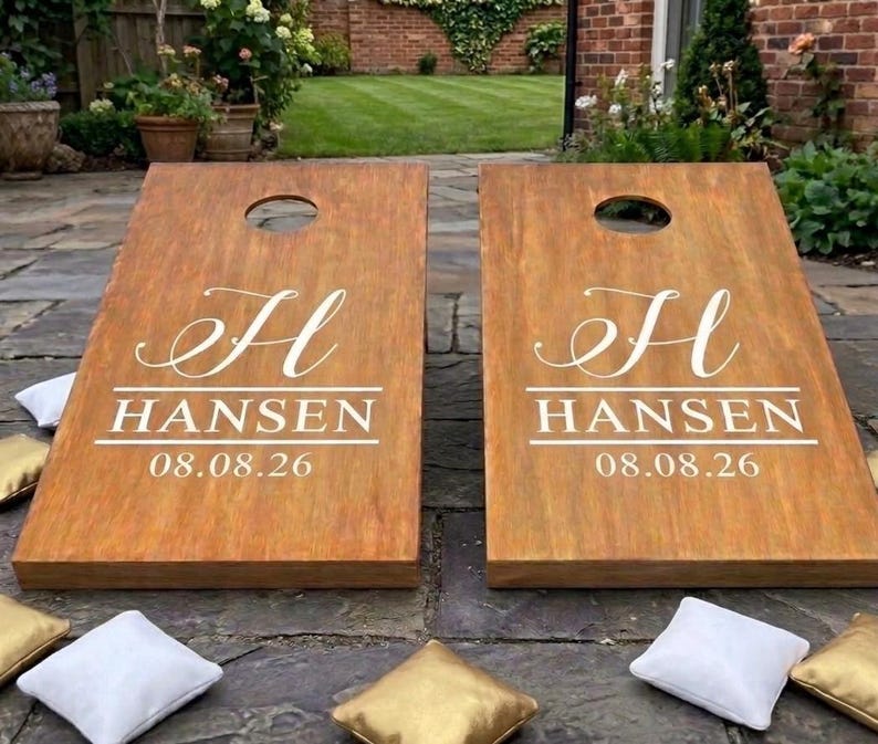 Pegatinas personalizadas para Cornhole de boda - Vinilo con monograma personalizado para juego de lanzamiento de bolsas de frijoles - Juego de 2 pegatinas permanentes para exteriores imagen 4