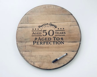 Alternative 50th Birthday Guestbook Rustic Engraved Whiskey Barrel Head, Anniversary Gift Idea Decor Sign Oak, Bourbon Monogram Distillery