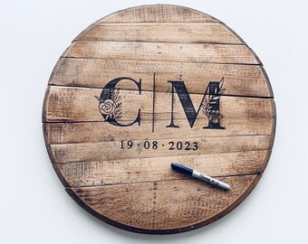 Engraved Wedding Guest Book Monogram Whiskey Barrel Head, Oak Wine Barrel Gift , Bourbon Monogram, Family Wall Sign, Rustic Home Decor